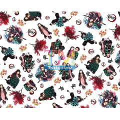 Tecido Oxford Estampa Digital - Demon Slayer - Nezuko e Tanjiro - Fundo Branco