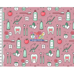 Tecido Oxford Estampa Digital - Dentista - Fundo Rosa