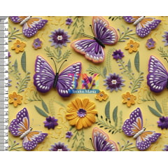 Tecido Oxford Estampa Digital - Floral - Borboletas - Amarelo - 3D