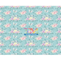 Tecido Oxford Estampa Digital - Flores E Borboletas - Fundo Tiffany