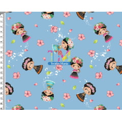Tecido Oxford Estampa Digital - Frida Kahlo - Flores - Fundo Azul