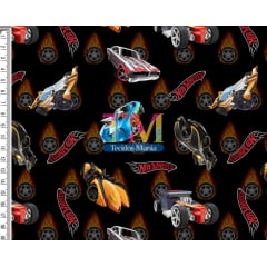 Tecido Oxford Estampa Digital - Hot Wheels - Corrida - Fundo Preto