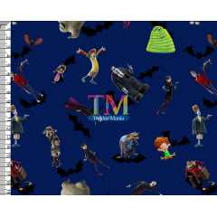 Tecido Oxford Estampa Digital - Hotel Transilvânia -  Fundo Azul Marinho