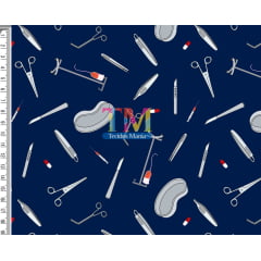 Tecido Oxford Estampa Digital - Instrumentos Cirúrgicos - Fundo Azul marinho