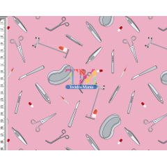 Tecido Oxford Estampa Digital - Instrumentos Cirúrgicos - Fundo Rosa