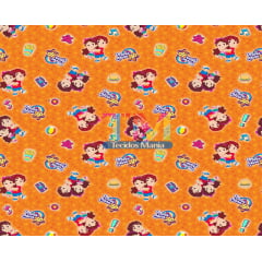 Tecido Oxford Estampa Digital - Maria Clara e Jp - Fundo Estrelas Laranja