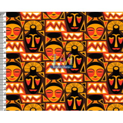 Tecido Oxford Estampa Digital - Máscara africana - Laranja com preto