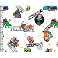 Tecido Oxford Estampa Digital - Minecraft e Seus Amigos - Fundo Branco