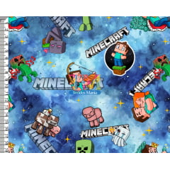 Tecido Oxford Estampa Digital - Minecraft e Seus Amigos - Fundo Galaxia