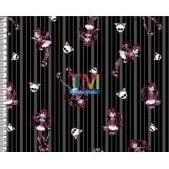 Tecido Oxford Estampa Digital - Monster High - Draculaura - listras preto com cinza