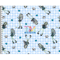 Tecido Oxford Estampa Digital - Monster High - Frankie Stein - Fundo Xadrez azul claro