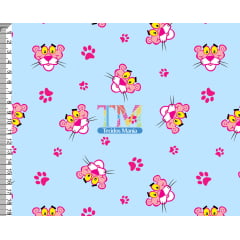 Tecido Oxford Estampa Digital - Pantera cor de rosa - Patinhas - fundo Azul