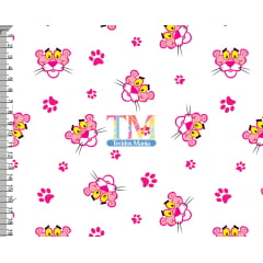 Tecido Oxford Estampa Digital - Pantera cor de rosa - Patinhas - fundo branco
