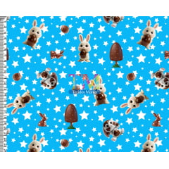 Tecido Oxford Estampa Digital - Páscoa - coelho e chocolate - fundo Azul Tecido Oxford Estampa Digital - Páscoa - coelho e chocolate - fundo Azul
