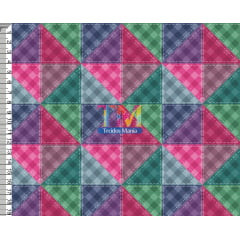 Tecido Oxford Estampa Digital - Patchwork - Triângulos Coloridos - Fundo Xadrez
