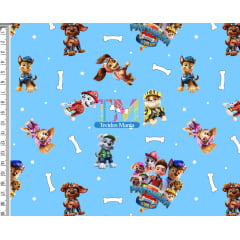 Tecido Oxford Estampa Digital - Patrulha canina - Ossinho - Fundo Azul Claro