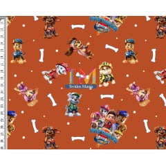 Tecido Oxford Estampa Digital - Patrulha canina - Ossinho - Fundo Laranja