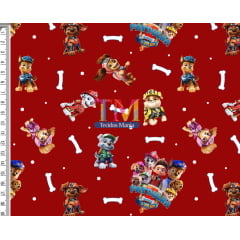 Tecido Oxford Estampa Digital - Patrulha canina - Ossinho - Fundo Vermelho