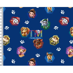 Tecido Oxford Estampa Digital - Patrulha canina - Patinhas - Fundo azul marinho