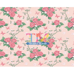 Tecido Oxford Estampa Digital - Rosas e Borboletas - Fundo Rosa