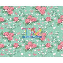 Tecido Oxford Estampa Digital - Rosas e borboletas - Fundo Verde