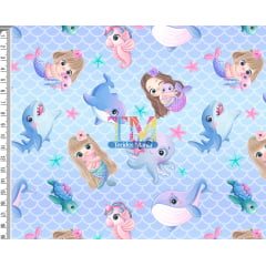 Tecido Oxford Estampa Digital - Sereia Baby - Animais Marinhos - Fundo Azul