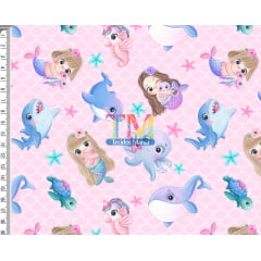 Tecido Oxford Estampa Digital - Sereia Baby - Animais Marinhos - Fundo Rosa