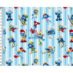 Tecido Oxford Estampa Digital - Smurf - Listras - Azul