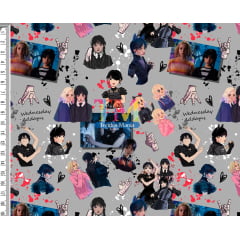 Tecido Oxford Estampa Digital - Wandinha - Aquarela - Fundo Cinza Tecido Oxford Estampa Digital - Wandinha - Aquarela - Fundo Cinza