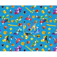 Tecido tricoline, microfibra ou gabardine estampado - Mario Bros e Yoshi colorido - Fundo azul 