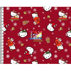 Tecido tricoline, microfibra ou gabardine estampado - Hello Kitty Natal - Fundo Vermelho