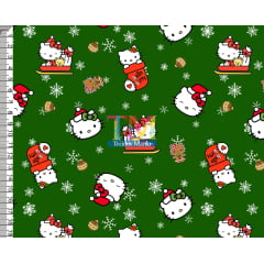 Tecido tricoline, microfibra ou gabardine estampado - Hello Kitty Natal - Fundo Verde