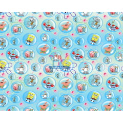 Tecido tricoline, microfibra ou gabardine estampado - Bob esponja bolhas - fundo azul