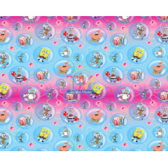 Tecido tricoline, microfibra ou gabardine estampado - Bob esponja bolhas - fundo Azul com rosa