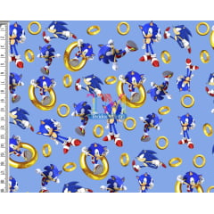Tecido tricoline, microfibra ou gabardine estampado - Anel do Sonic - Fundo azul