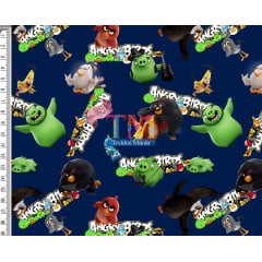 Tecido tricoline, microfibra ou gabardine estampado - Angry Birds e sua turma - Fundo azul marinho 