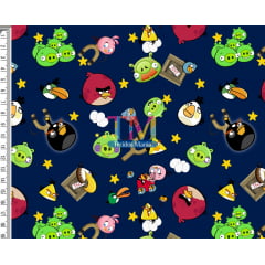 Tecido tricoline, microfibra ou gabardine estampado - Angry Birds - Estrelas - Fundo azul marinho