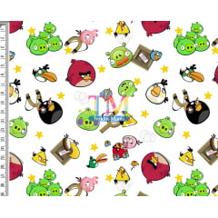 Tecido tricoline, microfibra ou gabardine estampado - Angry Birds - Estrelas - Fundo branco