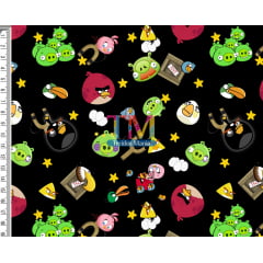 Tecido tricoline, microfibra ou gabardine estampado - Angry Birds - Estrelas - Fundo preto
