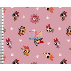 Tecido tricoline, microfibra ou gabardine estampado - Florzinha - super poderosas - fundo rosa