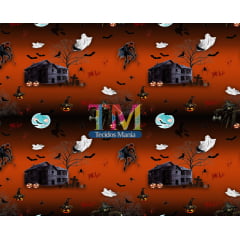 Tecido tricoline, microfibra ou gabardine estampado - Halloween - Casa Assombrada - Fundo Laranja