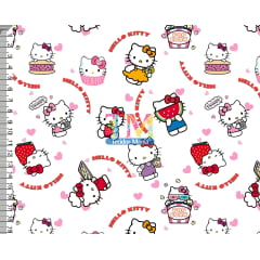 Tecido tricoline, microfibra ou gabardine estampado - Hello Kitty - Cozinheira - Fundo Branco