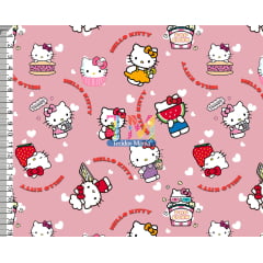 Tecido tricoline, microfibra ou gabardine estampado - Hello Kitty - Cozinheira - Fundo Rosa