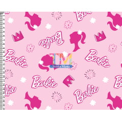 Tecido tricoline, microfibra ou gabardine estampado - Logo da Barbie - Fundo rosa  
