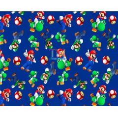 Tecido tricoline, microfibra ou gabardine estampado - Mario Bros - Fundo Azul 