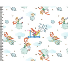 Tecido tricoline, microfibra ou gabardine estampado - O Pequeno Príncipe - nuvens - fundo branco