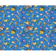 Tecido Pokemon Pikachu Fundo Azul - 140 cm X 50 cm.