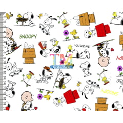 Tecido tricoline, microfibra ou gabardine estampado - Snoopy e Charlie Brown - fundo Branco