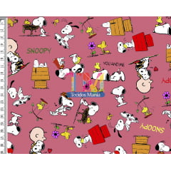 Tecido tricoline, microfibra ou gabardine estampado - Snoopy e Charlie Brown - fundo goiaba