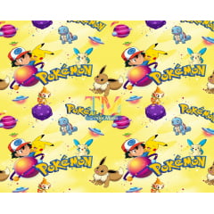 Tecido tricoline, microfibra ou gabardine estampado - Pokémon - Pikachu e sua turma - Fundo amarelo